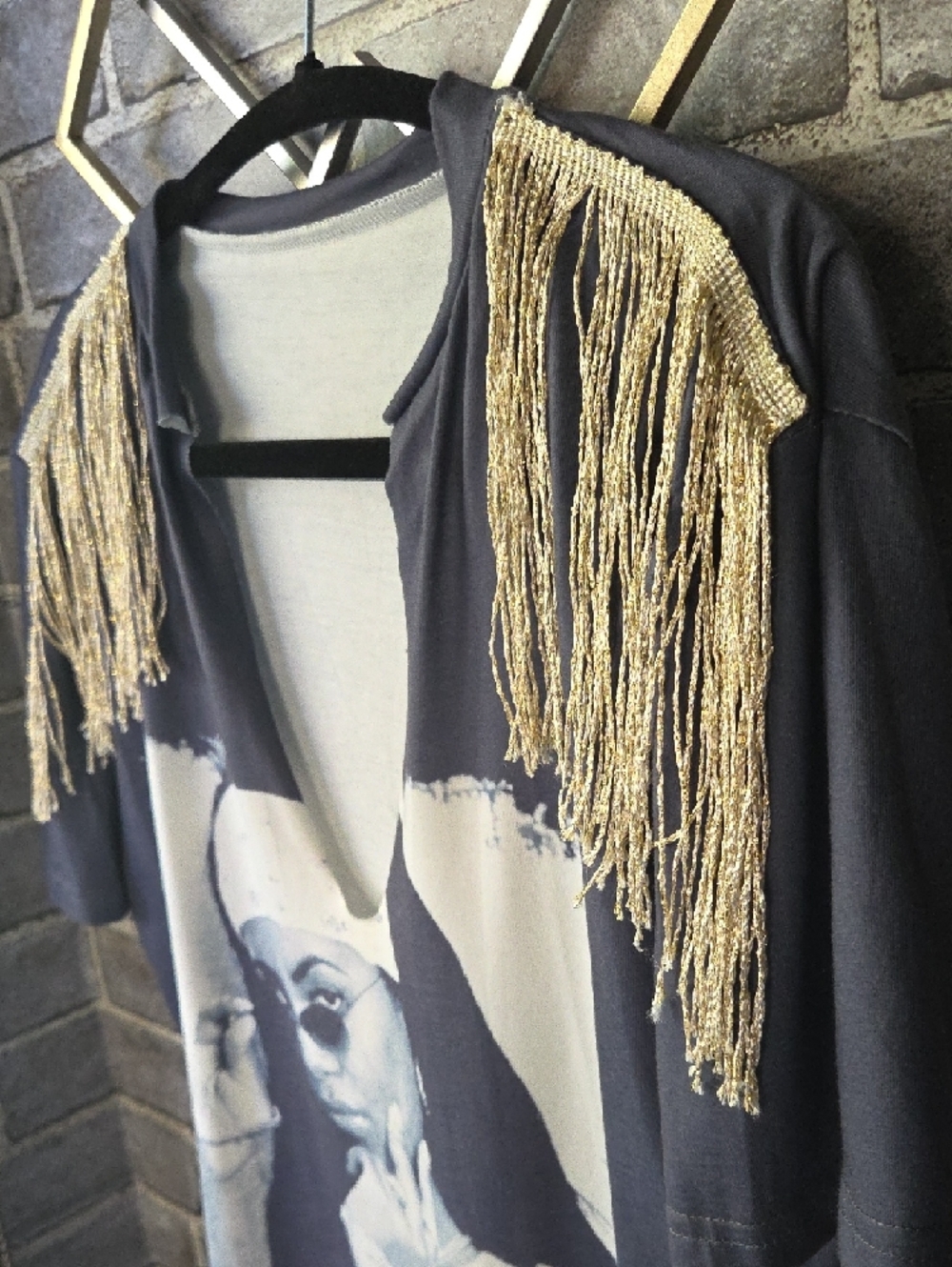 Gray Aaliyah Graphic Tee with Gold Fringe Shoulders - Picture 2 of 5